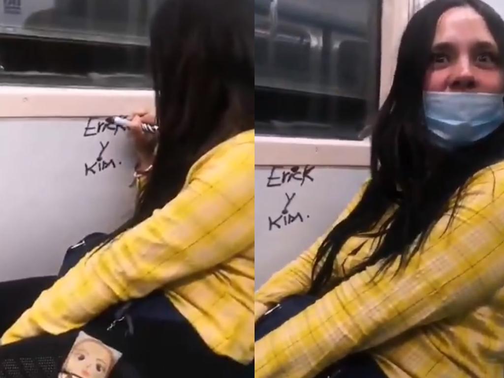 La mujer fue sorprendida rayando el vagón con un marcador (CAPTURA) 