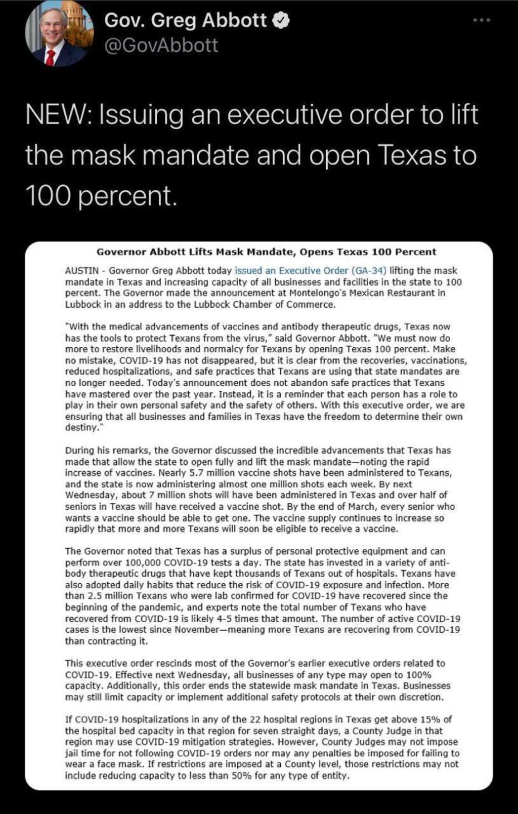 Ordena gobernador de Texas abrir negocios al 100%