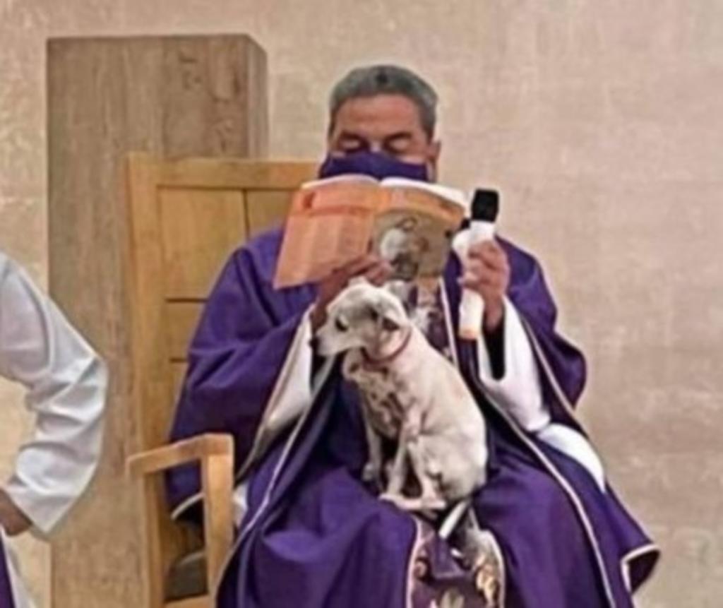 Hace unos días en redes sociales comenzó a circular la tierna fotografía de un padre oficiando misa católica con una perrita sentada en su regazo. (Facebook) 