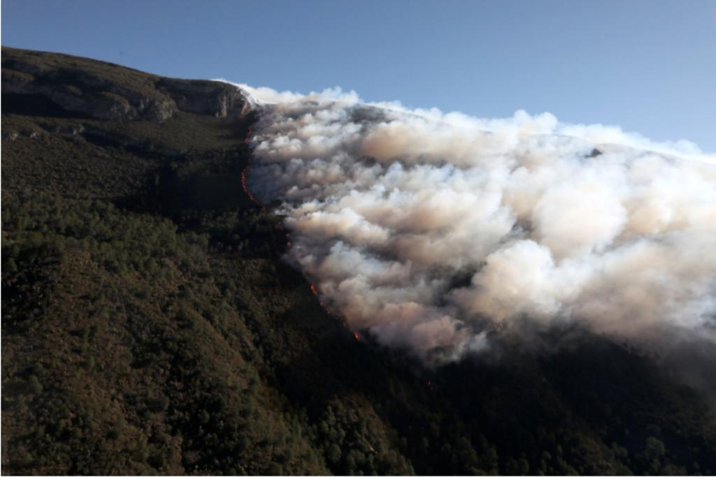 La Comisión Nacional Forestal (Conafor) informó que los incendios de 'La Pinalosa', municipio de Arteaga, en el estado Coahuila y 'Ejido San José Boquillas', municipio de Santiago, en el estado de Nuevo León, reportan un control de 30% y 40%, respectivamente. Lo anterior al considerarse de especial atención al presentar afectaciones a viviendas. (EFE) 
