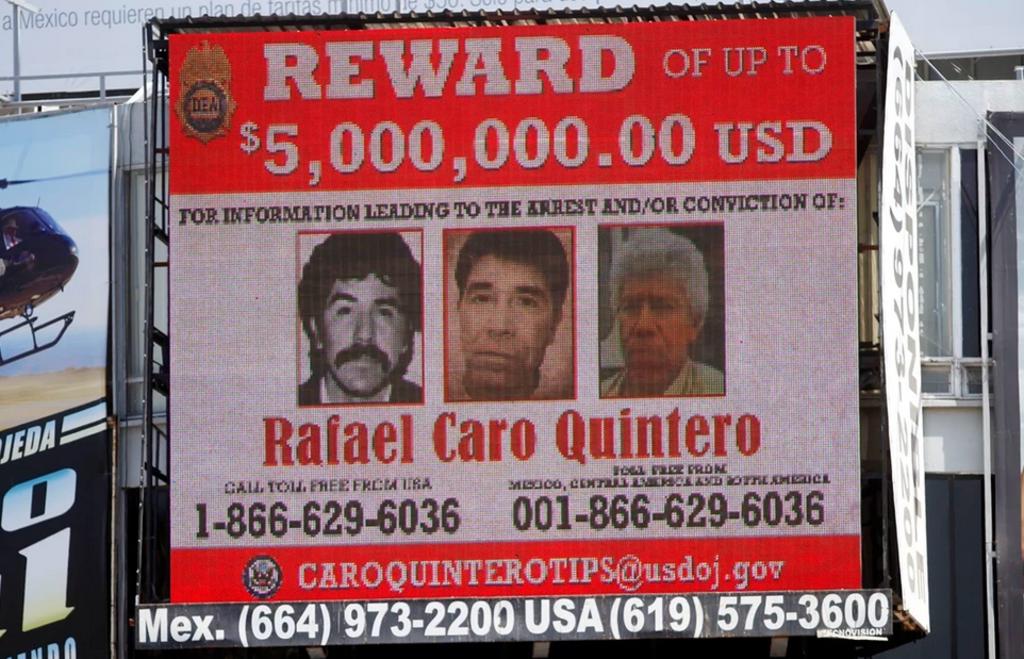 La Administración para el Control de Drogas de los Estados Unidos (DEA) colocó al capo Rafael Caro Quintero, fundador del extinto Cártel de Guadalajara, en el primer lugar de la lista de los diez fugitivos más buscados.
(ARCHIVO)