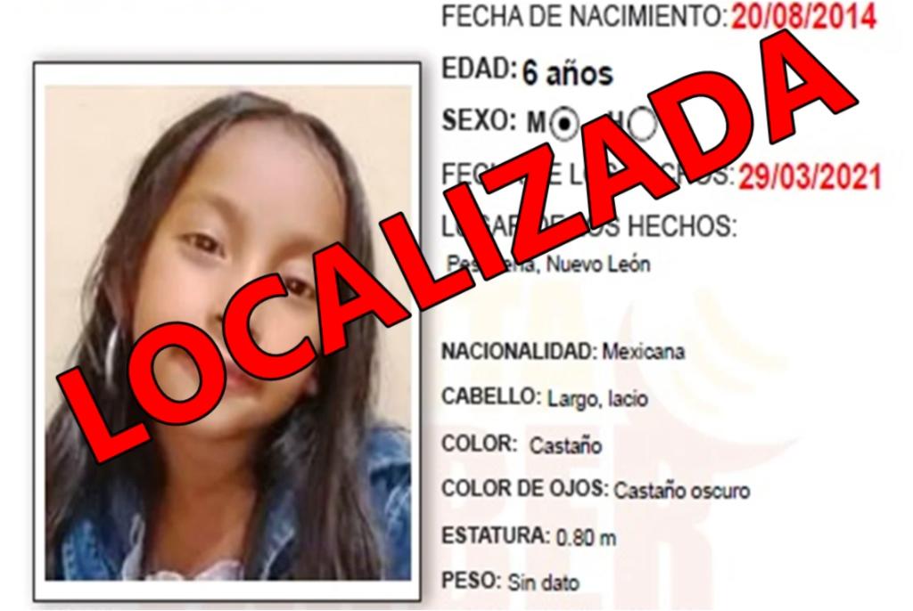 La niña Sofía Abigaíl, de seis años de edad, que fue raptada el lunes por la tarde en el municipio de Pesquería, fue localizada con vida cerca del mediodía de este martes en el centro de San Pedro Garza García.
(ESPECIAL)