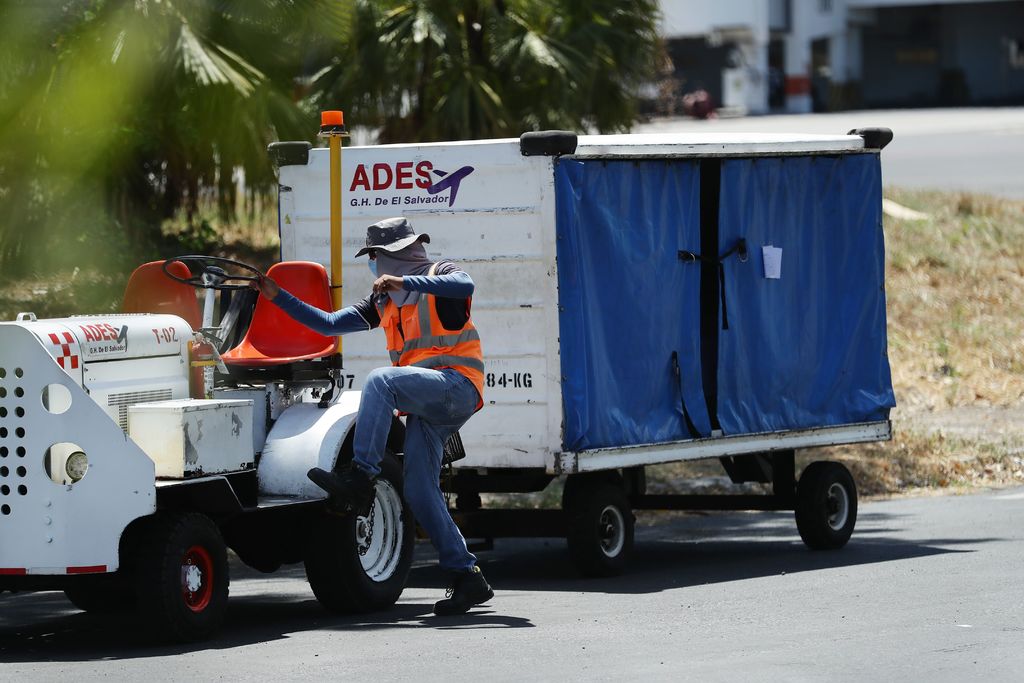 Un trabajador del aeropuerto conduce el contenedor que transporta el ataúd con los restos Victoria. (EFE) 