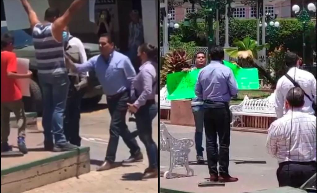 El gobernador de Michoacán, Silvano Aureoles Conejo, se enganchó con un habitante del municipio de Aguililla, al que empujó tras una serie de dimes y diretes. (ESPECIAL)