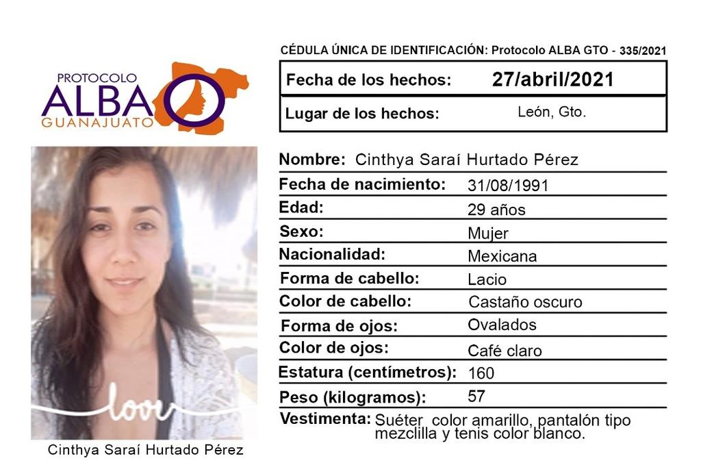 Cinthya Saraí Hurtado Pérez, de 29 años de edad, se encuentra desaparecida desde la mañana del martes pasado cuando salió de su domicilio, en la ciudad de León. (ESPECIAL)