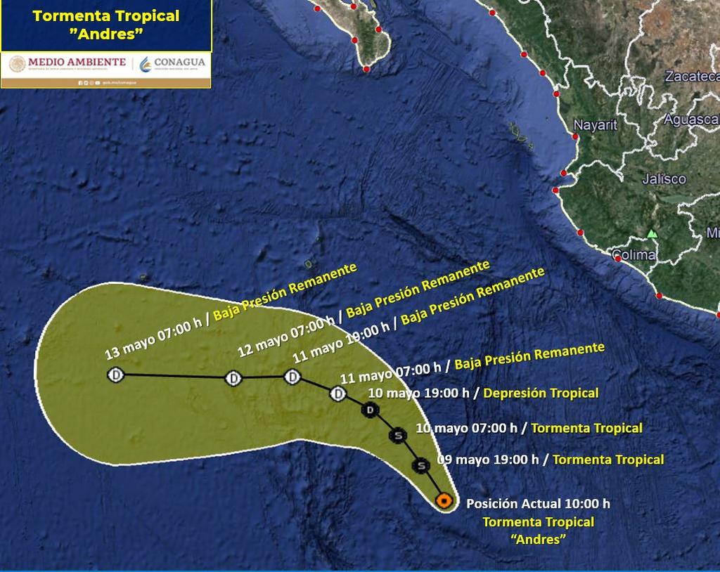 Se desarrolló la tormenta tropical 'Andrés' frente a las costas de Michoacán a partir de la depresión tropical 'UNO-E'. (TWITTER)