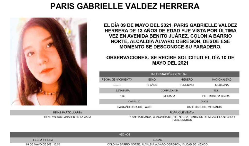 La Fiscalía General de Justicia activó la Alerta Amber para localizar a Paris Gabrielle Valdez Herrera de 13 años, quien fue vista por última vez el día 09 de mayo del 2021 en la colonia Barrio Norte, alcaldía Álvaro Obregón de la Ciudad de México. (ESPECIAL)