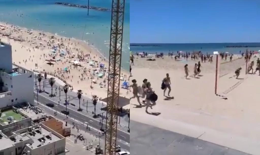 Al escucharse la alarma que notificaba sobre un ataque aéreo, los visitantes de una playa en Tel Aviv, corrieron inmediatamente buscando refugio (ESPECIAL) 