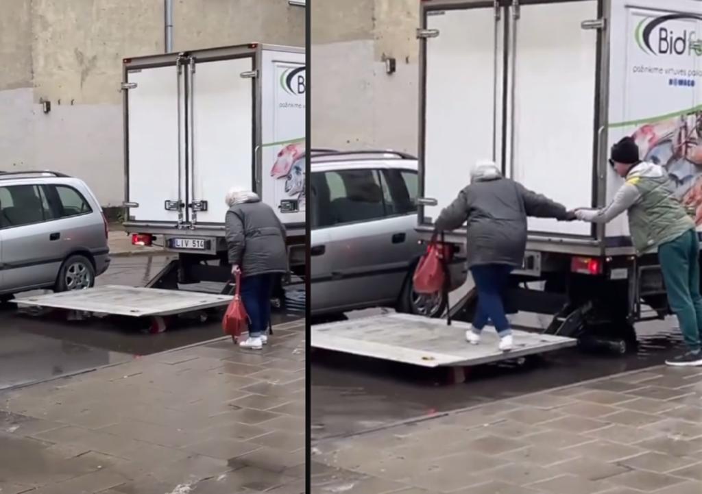 El conductor mueve la plataforma de su camión, para que la anciana la use para llegar a su auto. (INTERNET)