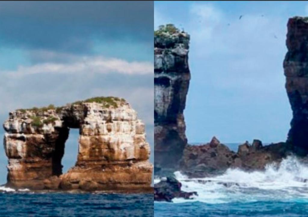 El conocido Arco de Darwin, una formación icónica en el plano geológico y turístico, situada en el norte de las islas Galápagos, colapsó este lunes tras un proceso de erosión natural, informó el Ministerio del Ambiente de Ecuador. (Especial) 