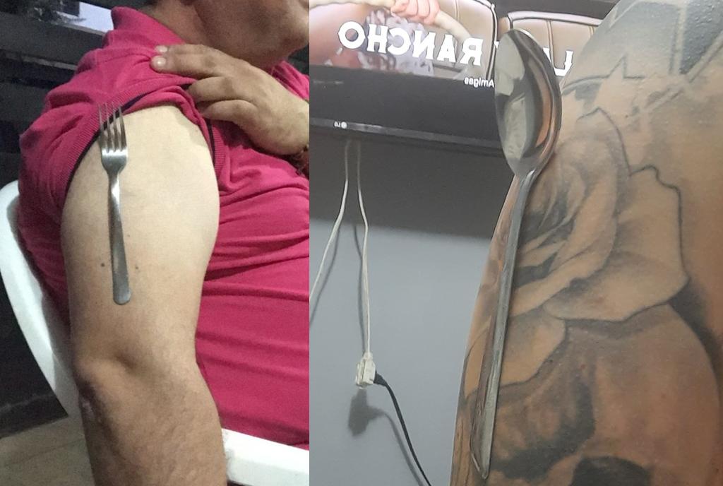 A través de redes sociales comenzaron a viralizarse fotos y videos de gente pegándose tenedores, cucharas, monedas, entre otros objetos metálicos, asegurando que fueron 'magnetizados' tras recibir la vacuna contra el COVID-19 (CAPTURA) 