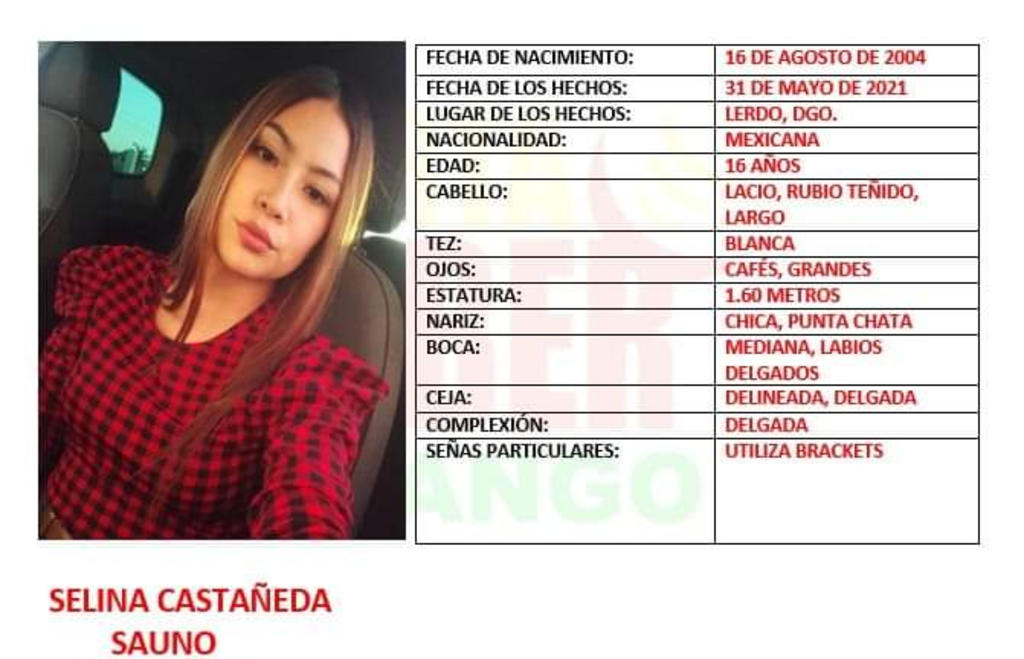 La Fiscalía General del Estado de Durango activó la Alerta Amber, para localizar a Selina Castañeda Sauno, de 16 años de edad, reportada como desaparecida desde el pasado lunes 31 de mayo del presente año 2021, en Gómez Palacio. (EL SIGLO DE TORREÓN)