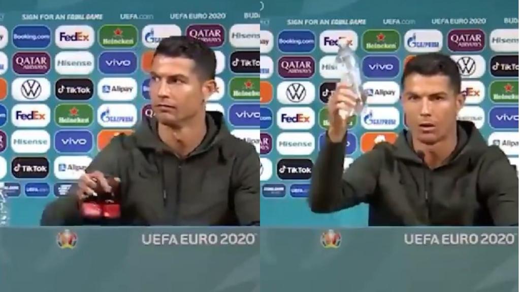 El gesto de Cristiano Ronaldo en conferencia de prensa este lunes, provocó una caída millonaria de una marca de refrescos, luego de que el futbolista los desaprobara y en su lugar colocara una botella de agua. (ESPECIAL)
