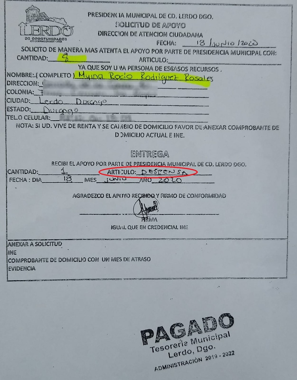 Documento firmado por la funcionaria Myrna Rocío Rodríguez, donde se acredita que recibió despensas de parte del Municipio.
