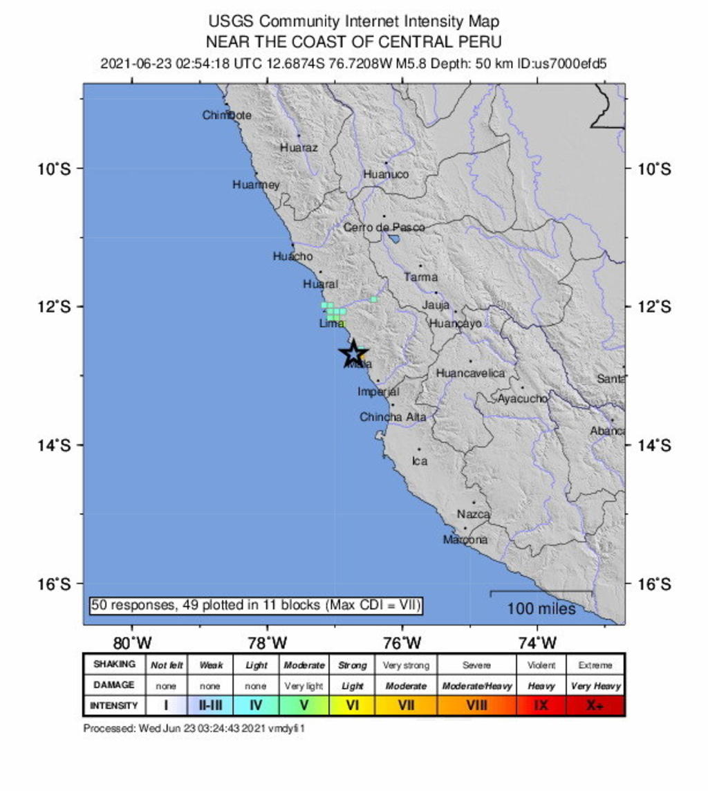 Un sismo de magnitud 5.8 remeció el martes la costa central del Pacífico del Perú. El temblor también se sintió en la capital, pero no se reportaron daños al momento. (EFE)