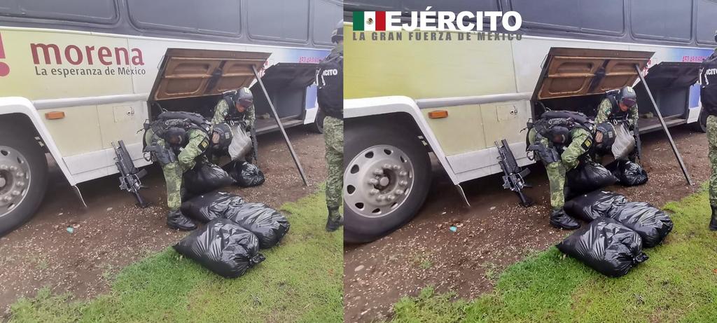 Usuarios en redes sociales acusaron a la Sedena, de borrar el supuesto logo de Morena del camión decomisado con droga en Michoacán (TWITTER)