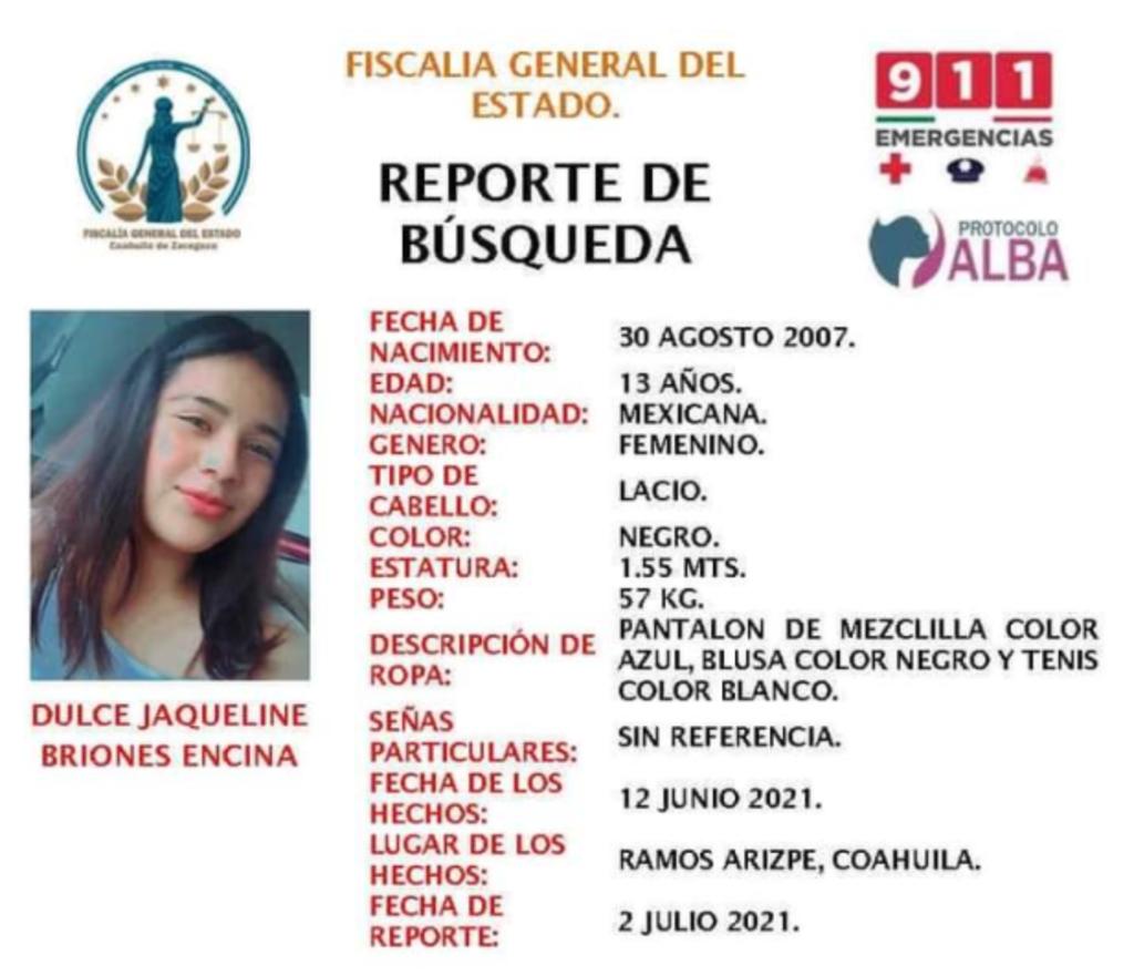 La Fiscalía de Personas Desaparecidas solicitó la colaboración de la ciudadanía para dar con el paradero de una menor de trece años de edad, la cual se encuentra extraviada desde el pasado 12 de junio en el municipio de Ramos Arizpe. (CORTESIA) 
