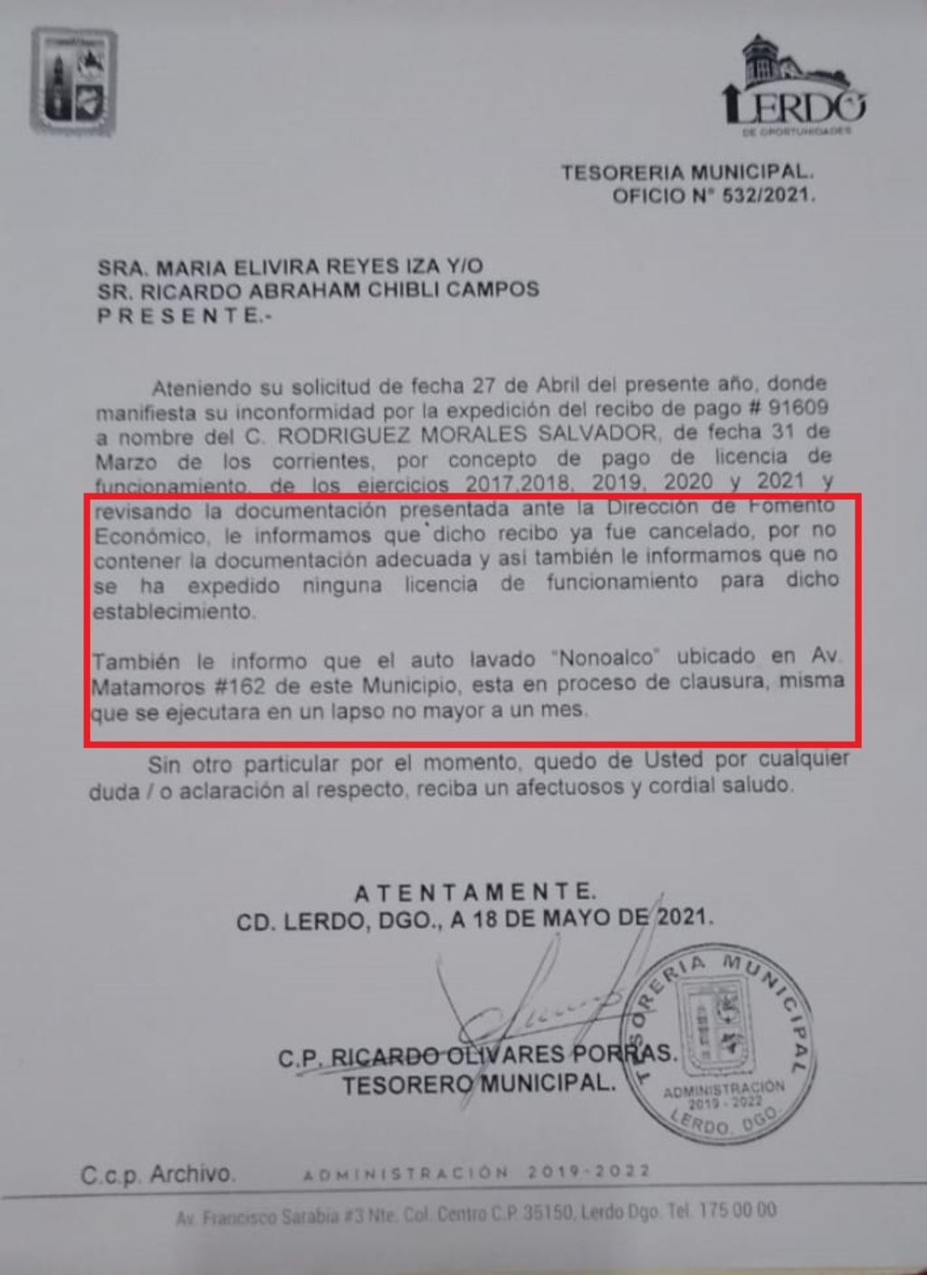 En un documento de la tesorería municipal se dice que el autolavado Nonoalco se encuentra en proceso de clausura. (EL SIGLO DE TORREÓN)