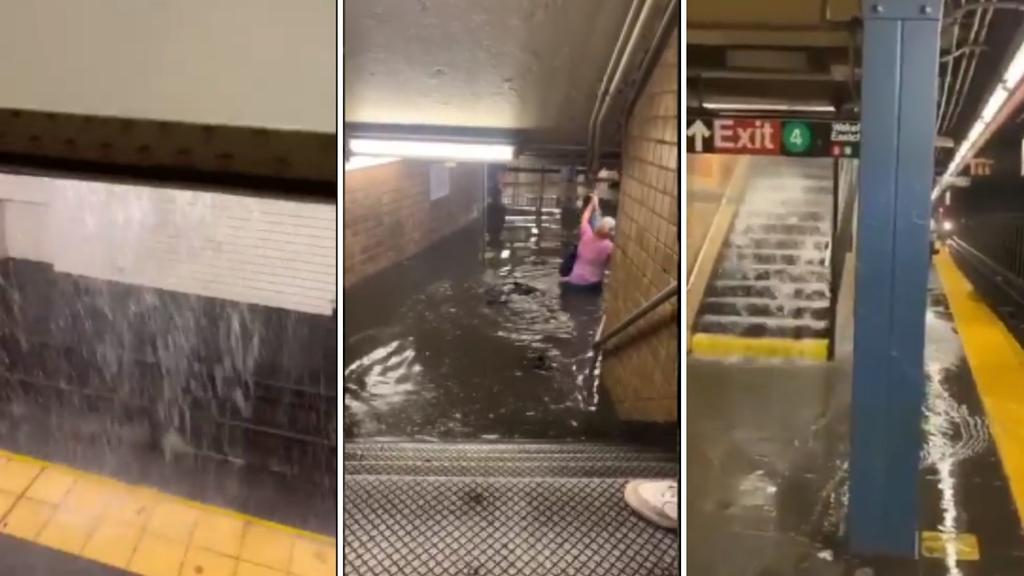Las lluvias torrenciales que ha provocado la tormenta tropical Elsa en Nueva York, Estados Unidos, hizo que los habitantes de la ciudad utilicen motos de agua para poder transportarse, según se puede ver en algunas imágenes, además de que se tienen que atravesar estaciones del metro llenas de agua.
