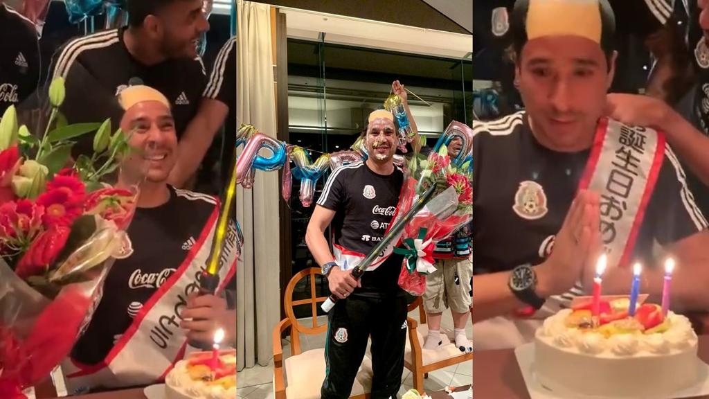Guillermo Ochoa celebró su cumpleaños número 36 recibiendo un “pastelazo” y un ramo de flores en un salón donde se aprecian también algunos globos con los que les desean un feliz día. (ESPECIAL)