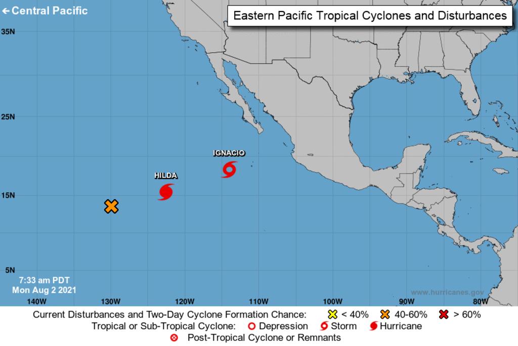La tormenta tropical 'Ignacio' se unió al huracán 'Hilda' sobre el Pacífico abierto el lunes, pero se pronostica que ninguno de los dos amenazará tierra. (ESPECIAL)

