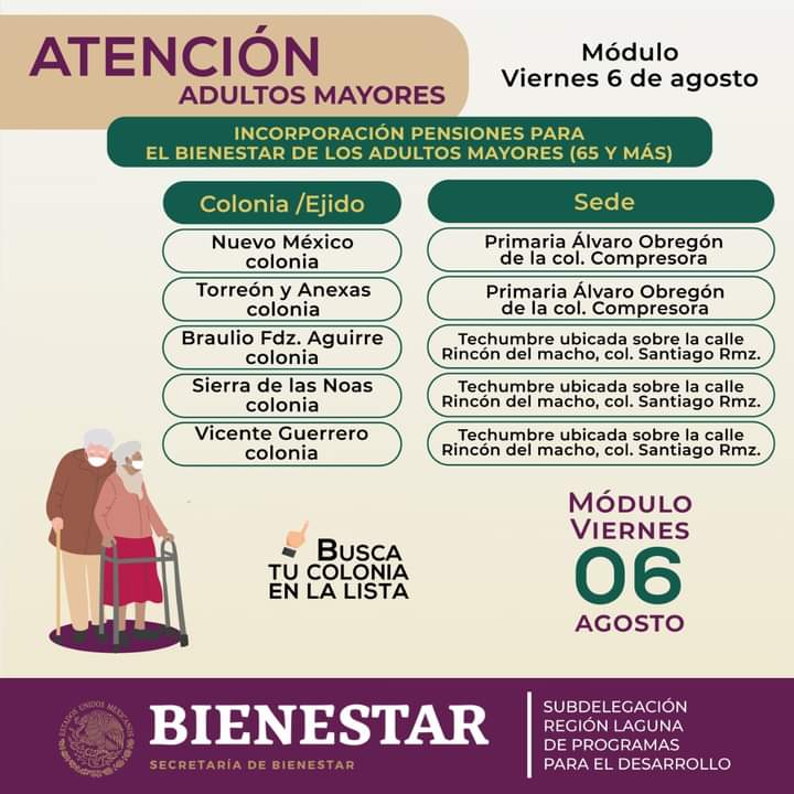Publican sedes en colonias y ejidos de Torreón para incorporación a Pensión del Bienestar para Adultos Mayores