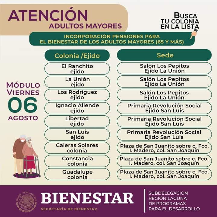 Publican sedes en colonias y ejidos de Torreón para incorporación a Pensión del Bienestar para Adultos Mayores