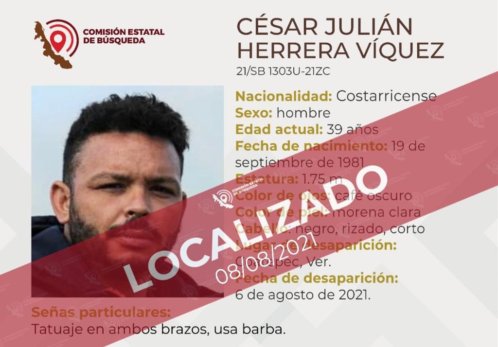 La Fiscalía Genera de Veracruz reportó que el ciudadano costarricense César Julián Herrera Víquez, quien había sido reportado como desaparecido tras ser detenido por policías estatales, fue puesto a disposición del Ministerio Publico. (TWITTER)