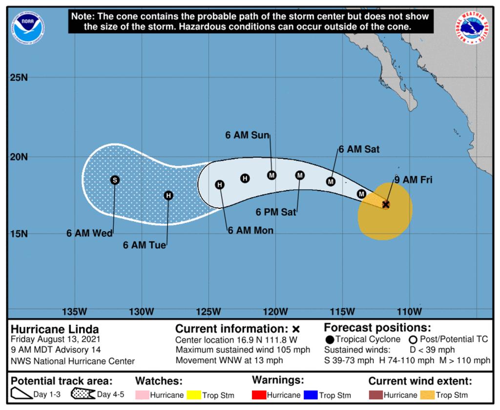 El huracán 'Linda' se intensificó en las últimas horas a categoría 2 en el Pacífico mexicano y se sitúa al suroeste de la península de Baja California, informó este viernes el Servicio Meteorológico Nacional (SMN). (ESPECIAL) 