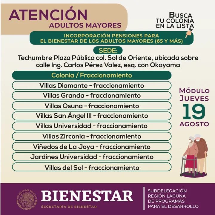 El Gobierno federal anuncia fechas y mesas de registro en Torreón para incorporarse a Pensión de Adultos Mayores