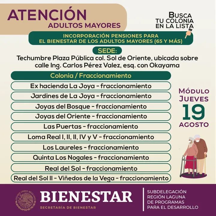 El Gobierno federal anuncia fechas y mesas de registro en Torreón para incorporarse a Pensión de Adultos Mayores