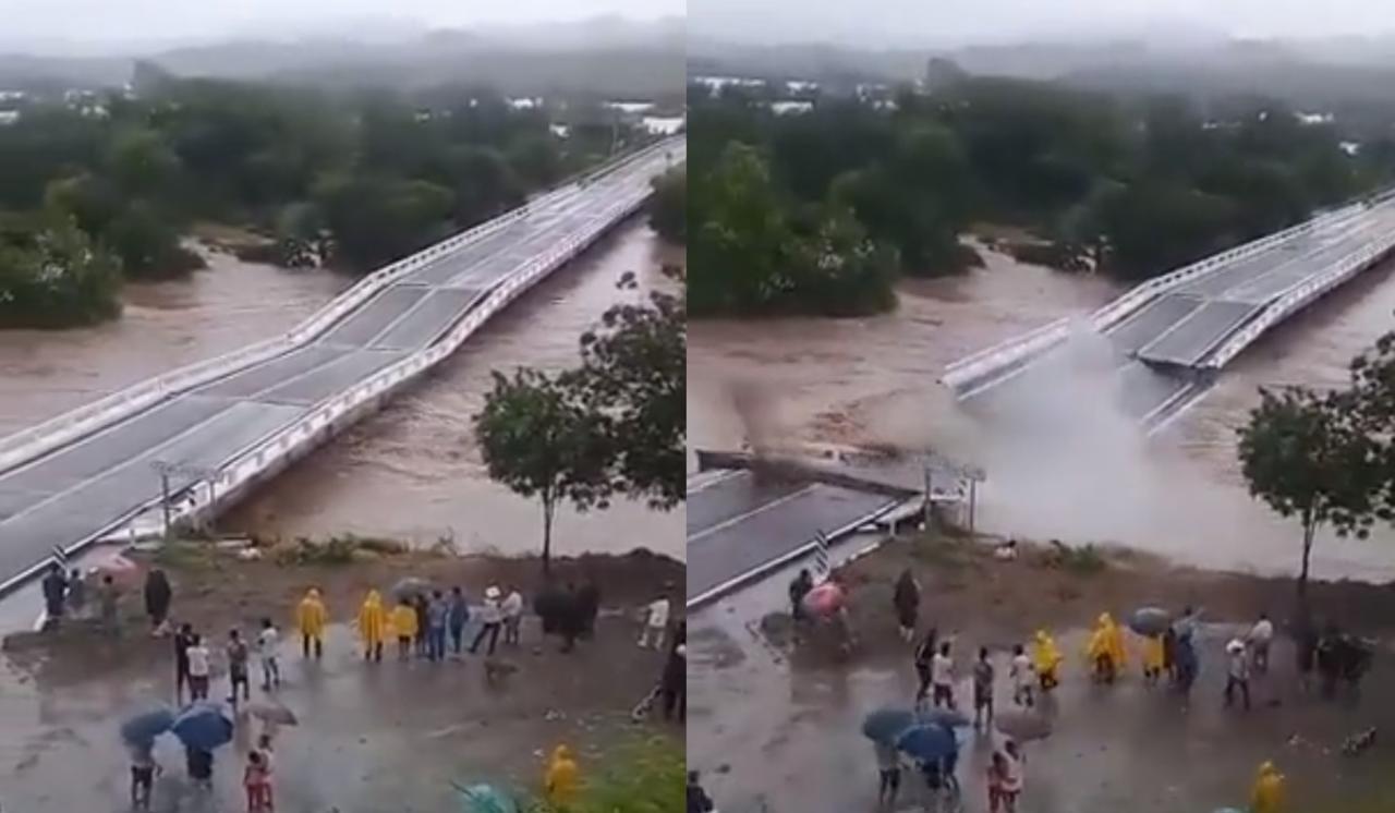 Entre los desastres que dejó la intensidad del huracán 'Nora' en Sinaloa, se registró el derrumbe de un puente que cruzaba el río Quelite (CAPTURA) 