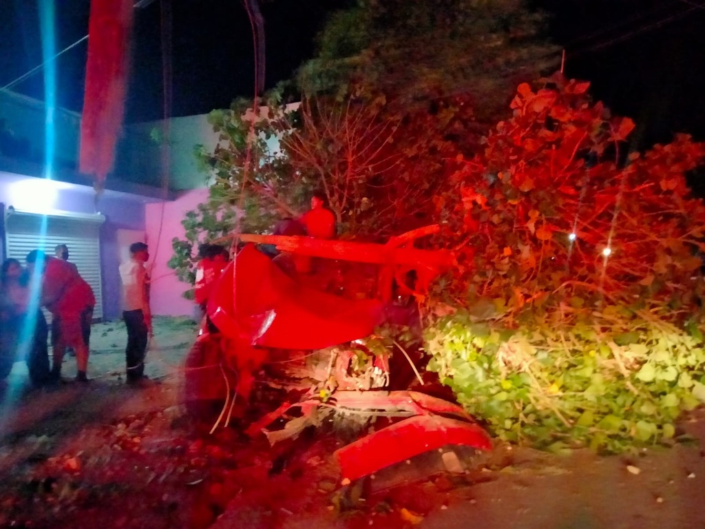 La camioneta Nissan Frontier derribó un poste y un árbol antes de impactar la casa. (EL SIGLO DE TORREÓN)
