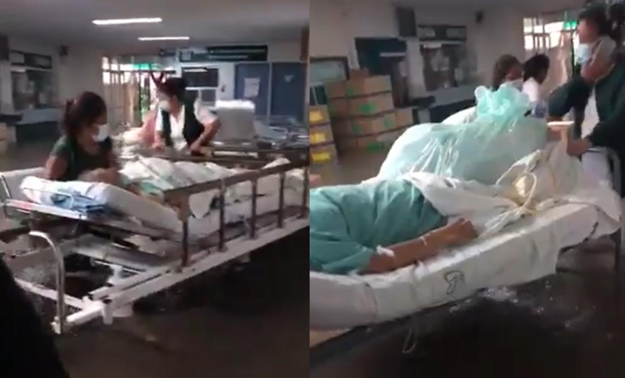 En redes sociales trascendieron las imágenes que muestran a las enfermeras intentar sacar a los pacientes en camillas, ante las inundaciones presentadas en el IMSS de Tula, Hidalgo (CAPTURA) 