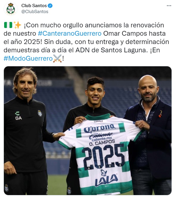 Omar Campos extiende su contrato con Santos Laguna