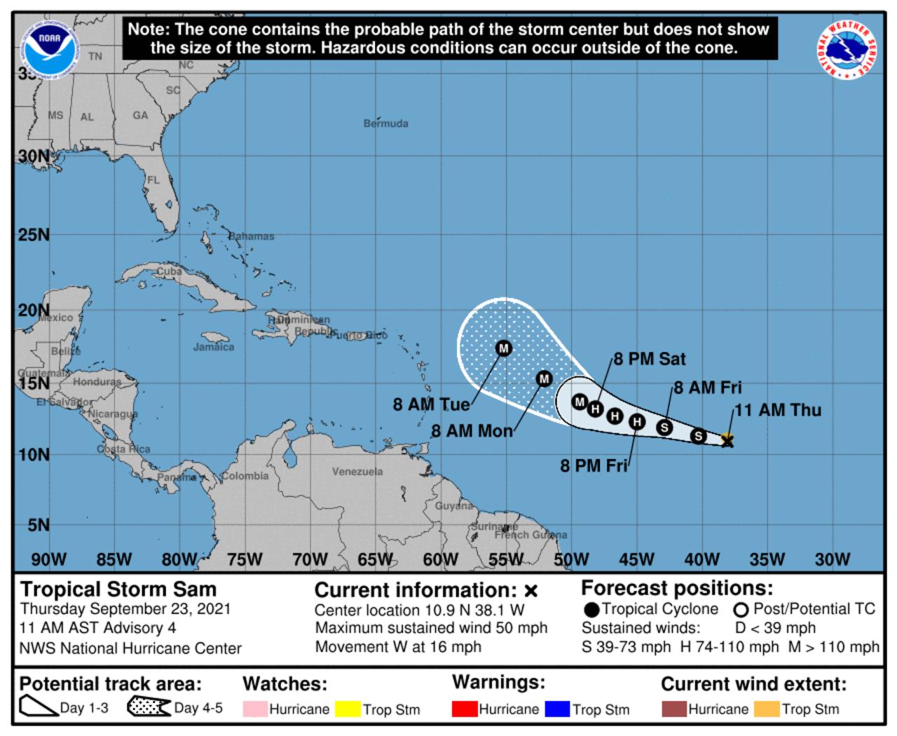 La tormenta tropical 'Sam' se formó en el Atlántico y se espera se convierta en un huracán poderoso. (TWITTER)
