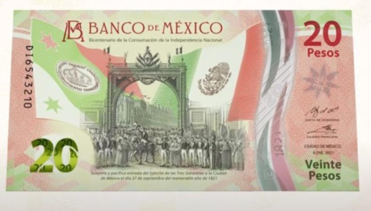 El nuevo billete de 20 pesos que se destaca por su novedosa composición monocromática, conmemora al Bicentenario de la Independencia (ESPECIAL) 