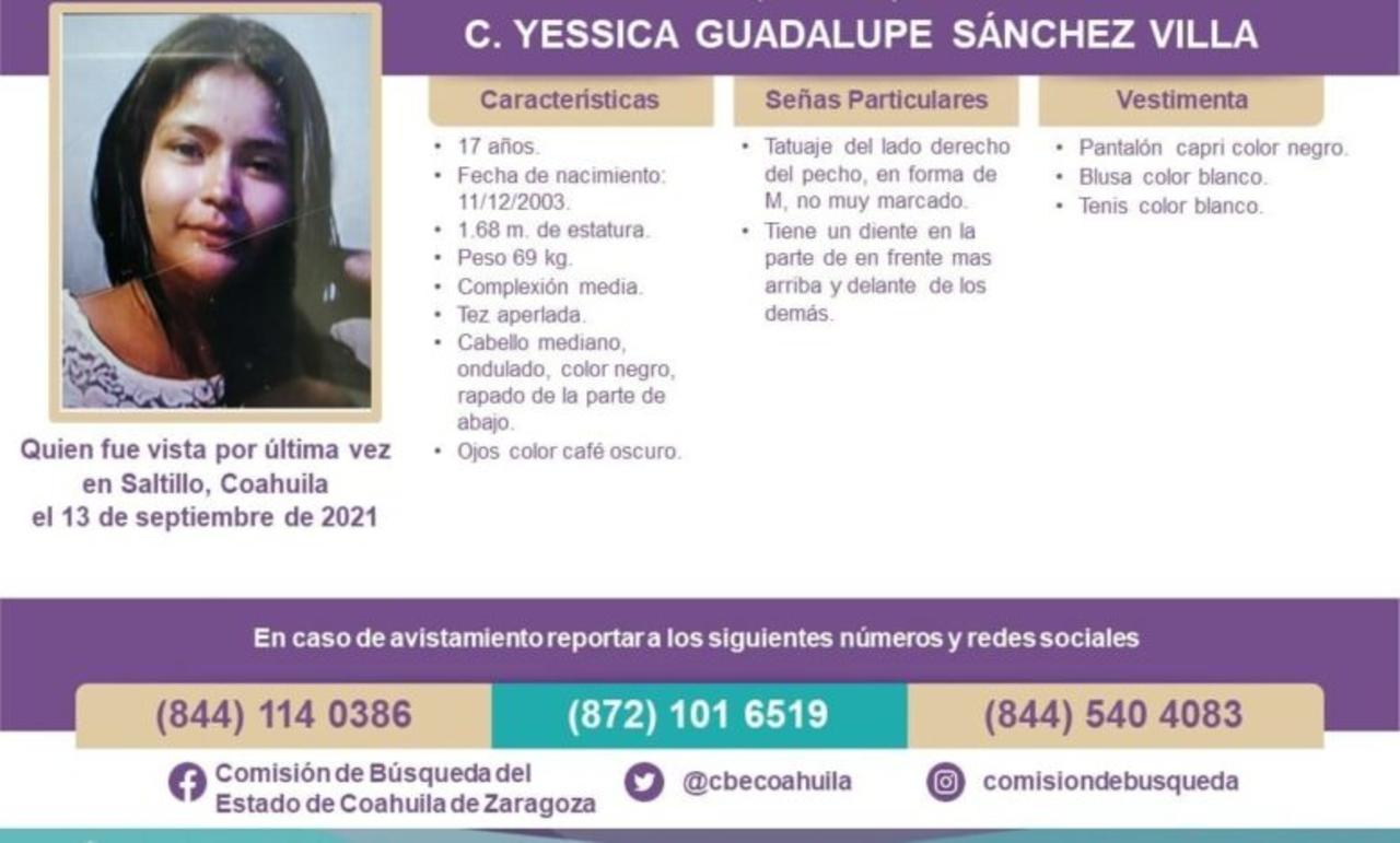 Fue el 13 de septiembre del 2021, la última vez que fue vista Yessica Guadalupe Sánchez Villa de 17 años de edad, en el municipio de Saltillo, por lo que la Comisión de Búsqueda del Estado de Coahuila pide la colaboración de la ciudadanía para dar con su paradero. (CORTESÍA) 
