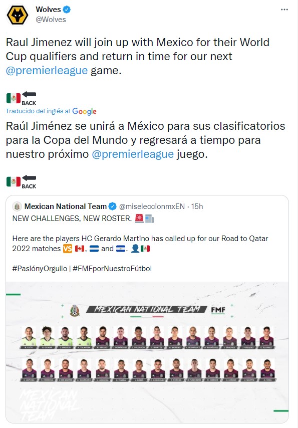 Wolves confirma el regreso de Raúl Jiménez con la Selección Mexicana 