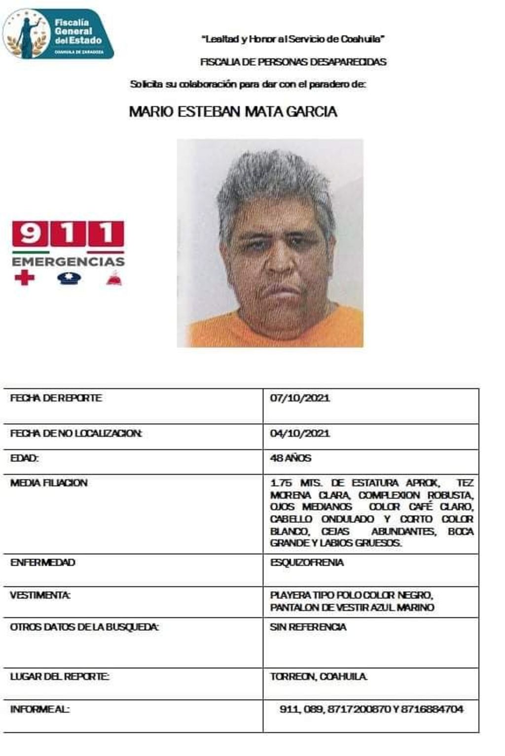 Familiares y la Fiscalía General del Estado buscan a Mario Esteban, de 48 años de edad, quien padece esquizofrenia. (EL SIGLO DE TORREÓN)