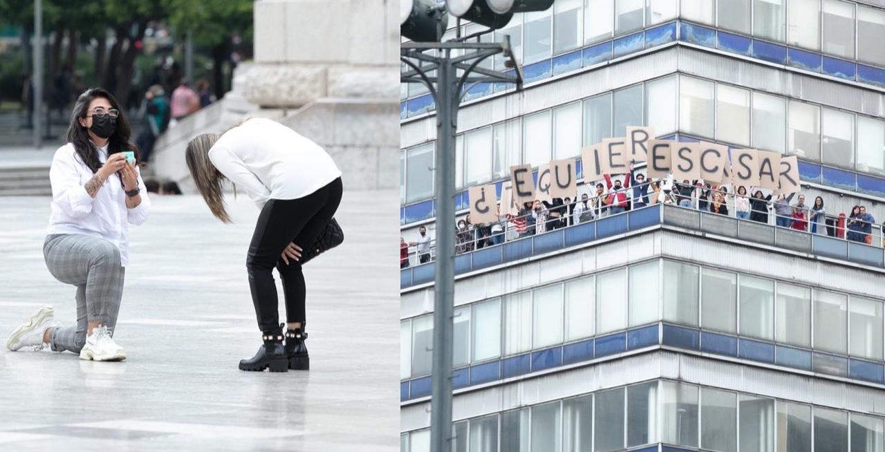 Con ayuda de amigos y familiares, Fer le pidió a su pareja Mish matrimonio desde una de las terrazas de la Torre Latino (CAPTURA) 