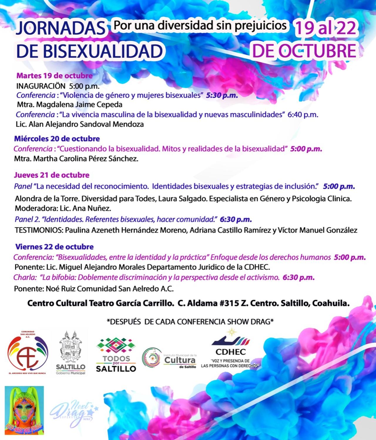 Esta actividad, la cual lleva por nombre, la 'Jornada de bisexualidad, una diversidad sin prejuicios', se desarrollará del 19 al 22 de octubre en las instalaciones del Centro Cultural Teatro García Carrillo en la zona centro de Saltillo.