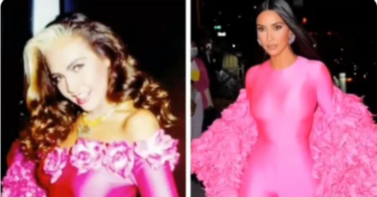 La cantante mexicana Thalía denunció en redes sociales que Kim Kardashian le copio un vestuario que ella usó hace 30 años, y es que la interprete de 'Amor a la mexicana' destacó el parecido entre su 'look' de los 90 y el vestido de Balenciaga de la socialité. (CORTESÍA)
