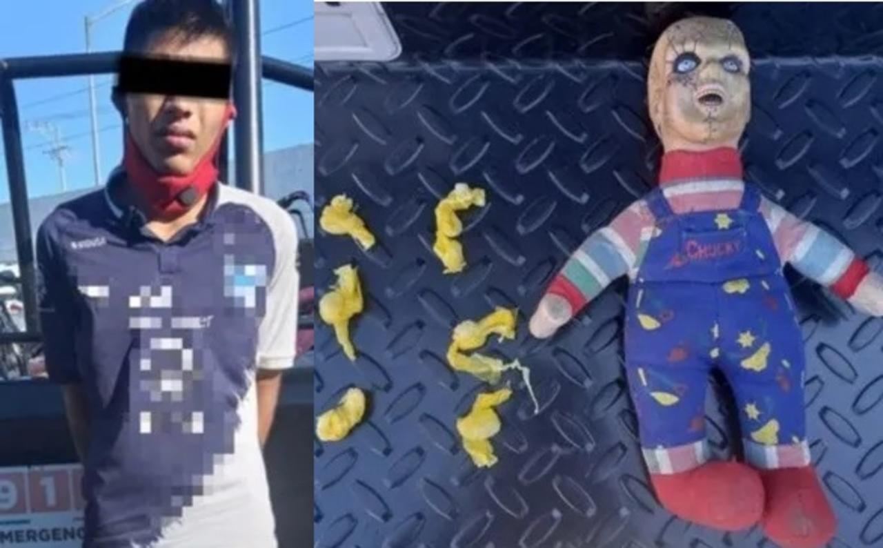 La droga se encontraba en el interior del muñeco de 'Chucky', que el joven llevaba con él mientras viajaba en bicicleta en el municipio de Guadalupe, Nuevo León (ESPECIAL) 