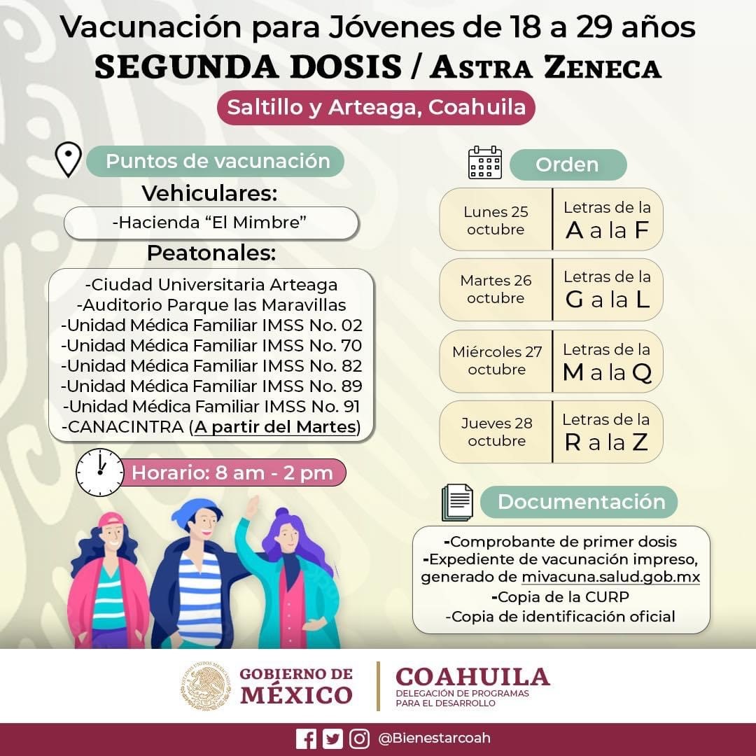 Este lunes arranca la aplicación de segunda dosis antiCOVID a jóvenes de 18 a 29 años de Saltillo y Arteaga