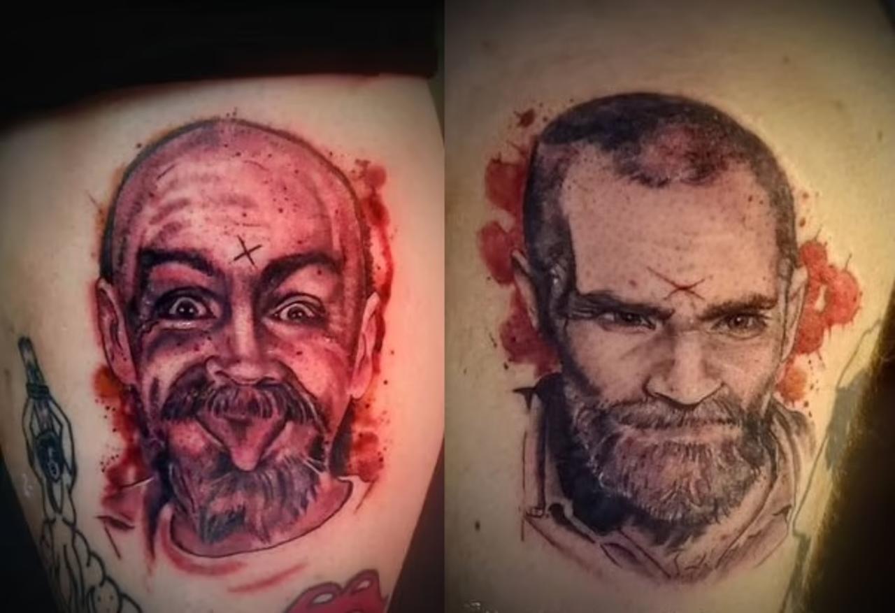 La pareja pagó mil 600 dólares para que les tatuaran el rostro de Charles Manson con las cenizas de éste (INSTAGRAM) 