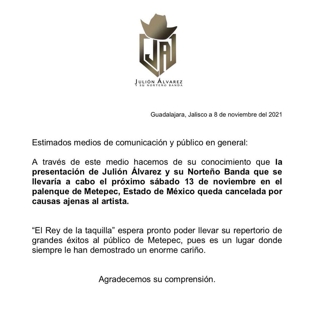 Julión Álvarez cancela su presentación en la Feria de Metepec tras amenazas