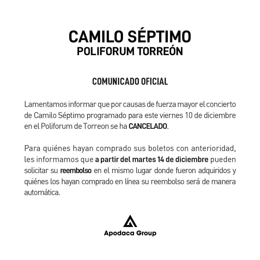 Camilo Séptimo cancela su concierto de este viernes en Torreón