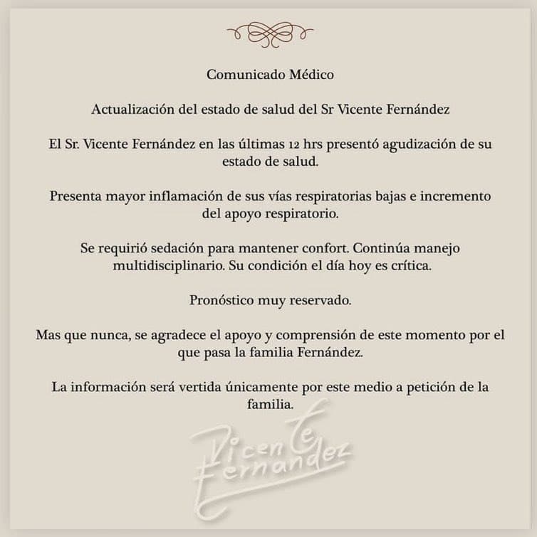 Agudiza el mal estado de salud de Vicente Fernández