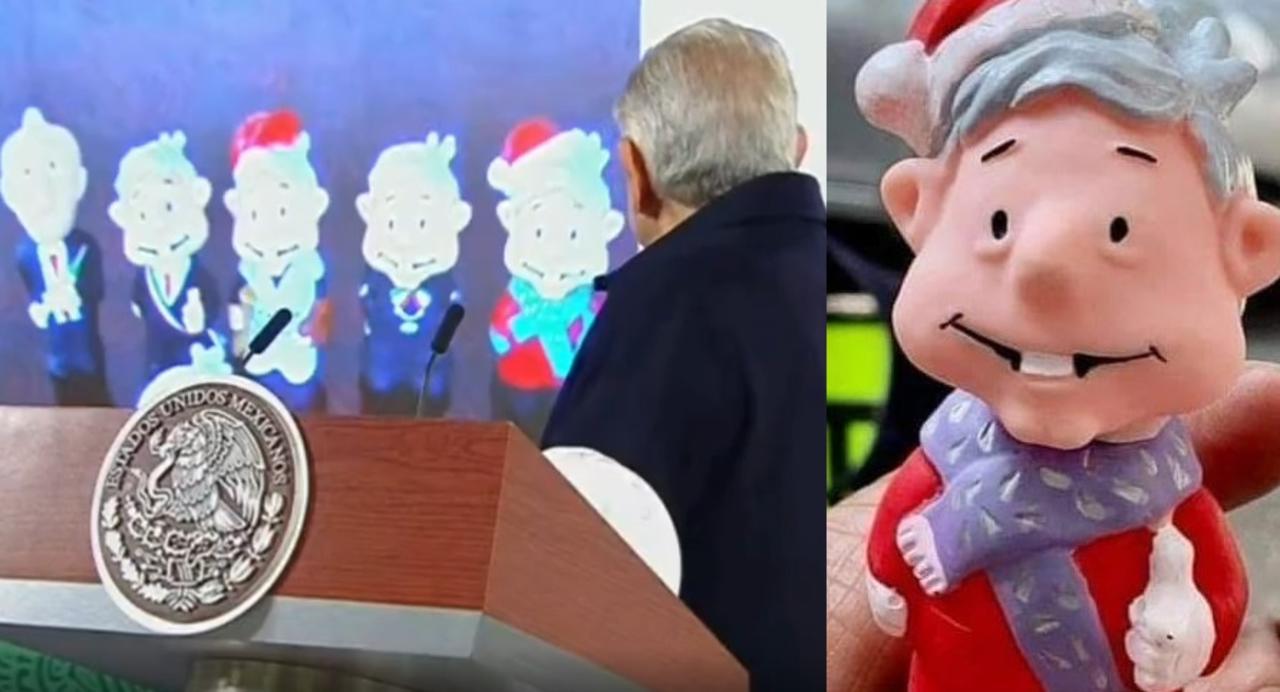 El presidente Andrés Manuel López Obrador, mostró algunos de los juguetes que la gente le regala, entre los cuales se encuentran muñequitos de él vestidos como beisbolista y Santa Claus (CAPTURA) 